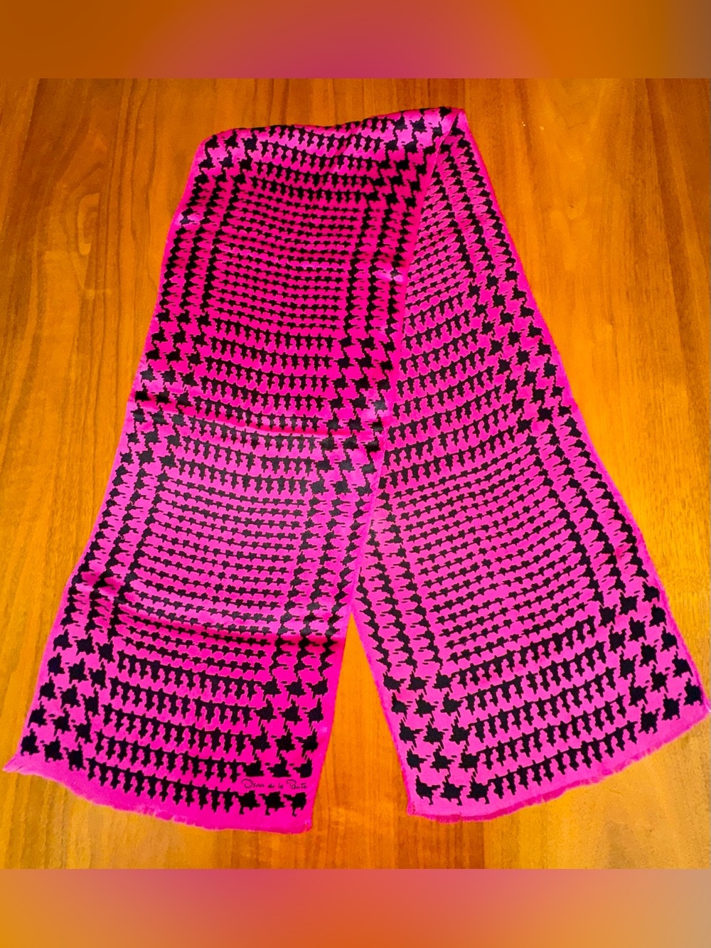 Vintage Oscar de la Renta Hot Pink and Black Houndstooth Silk Scarf